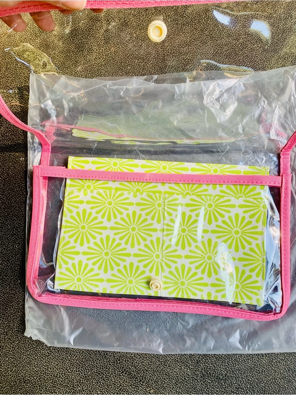 Clear travel cosmetic bag Green Daisy Snap with Pink-Trim